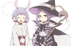 2girls :d ^_^ animal_ears blunt_bangs bow closed_eyes closed_mouth commentary curly_hair drill_hair floral_print gekokujou_hana hair_ornament hat highres hime_cut holding holding_staff japanese_clothes kimono magical_girl mahou_shoujo_ikusei_keikaku mahou_shoujo_ikusei_keikaku_limited mana_(mahoiku) middle_part multiple_girls obi open_mouth patterned_clothing protected_link purple_hair rabbit_ears rabbit_girl red_bow sash short_hair siblings smile staff untranslatable_commentary witch witch_hat yun68591434 yun_(yui-0503-n)