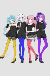  4girls :p aikatsu!_(series) aikatsu_academy! arm_warmers black_arm_warmers black_bow black_choker black_dress black_hairband black_shoes blonde_hair bloomers blue_hair blue_pantyhose bow bow-shaped_hair bow_earrings choker collared_dress commentary_request dress earrings frilled_dress frills full_body grey_background grey_bloomers hair_bow hairband hand_on_another's_arm hand_on_own_arm highres himeno_mieru jewelry long_hair long_sleeves looking_at_viewer mamimu_meh miyadani_risa multicolored_hair multiple_girls nail_polish one_side_up pantyhose pink_eyes pink_hair pink_pantyhose purple_hair purple_pantyhose red_nails rindou_taimu shoes short_hair simple_background sleeveless sleeveless_dress standing streaked_hair sweater sweater_dress tongue tongue_out twintails two-tone_hair violet_eyes wao_parin white_hair yellow_eyes yellow_nails yellow_pantyhose 