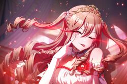 brown_hair d4dj date-chan_(d4dj) dress long_hair red_eyes smile wink