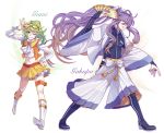  1girl boots character_name fan glasses_on_head green_eyes green_hair gumi kamui_gakupo midriff ponytail purple_hair short_hair simple_background skirt smile thigh_strap vocaloid wink yamako_(artist) 