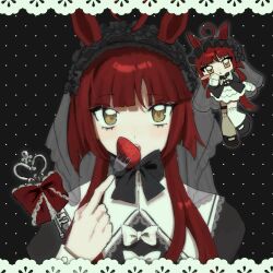  1girl ahoge alternate_costume animal_ears black_background black_bow black_bowtie black_dress blunt_bangs bow bowtie brown_eyes chibi chibi_inset collar dotted_background dress eating food fork fruit fu33174 gothic_lolita hair_over_shoulder hairband highres holding holding_fork horse_ears key lace-trimmed_collar lace-trimmed_hairband lace_trim lolita_fashion lolita_hairband long_hair long_sleeves looking_at_viewer multiple_views open_mouth portrait red_desire_(umamusume) red_hair sidelocks strawberry tail umamusume veil white_bow white_collar 