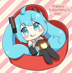  1girl :q ahoge blue_eyes blue_hair blush_stickers box chibi chibi_only closed_mouth commentary_request detached_sleeves double-parted_bangs full_body happy_valentine hatsune_miku heart-shaped_box in_box in_container long_hair looking_at_viewer lying nukotun on_back outline smile solo tongue tongue_out twintails very_long_hair vocaloid white_outline 