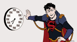  1boy binah_q black_hair blue_eyes bodysuit cape commentary dc_comics english_commentary english_text male_focus multicolored_bodysuit red_cape short_hair simple_background smile solo superboy-prime superhero_costume superman_(series) superman_logo taut_bodysuit taut_clothes two-tone_bodysuit 