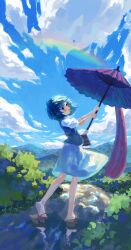  1girl blue_eyes blue_hair blue_sky blue_vest brown_sandals clouds day full_body geta heterochromia highres holding holding_umbrella karakasa_obake looking_at_viewer mountainous_horizon open_mouth outdoors puffy_short_sleeves puffy_sleeves purple_umbrella rainbow red_eyes sandals short_hair short_sleeves sky smile solo tatara_kogasa touhou umbrella vest yorange17 