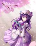  book capelet cherry_blossoms crescent dress hair_ribbon hat highres long_hair open_clothes open_coat patchouli_knowledge petals pink_dress purple_eyes purple_hair qiuzhi_huiyi ribbon solo striped striped_dress touhou tree v_arms violet_eyes 