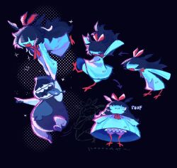  1boy 1girl :3 aqua_(deltarune) aqua_bloomers aqua_dress aqua_skin bird_girl bird_legs black_background black_bodysuit black_hair bloomers blue_hair blue_shoes bodysuit bow bowtie colored_skin commentary covered_eyes deltarune dress english_commentary fangs fangs_out fat floating floating_hair flying hair_bow hair_wings highres holding_hands jumping lancer_(deltarune) leaning_forward netty_spook open_mouth pointing pointing_to_the_side purple_bloomers red_bow red_bowtie saliva shoes sleeves_past_fingers sleeves_past_wrists smile spade_(shape) sparkle teeth tongue tongue_out utdr_(toby_fox) 