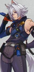  1boy absurdres animal_ear_fluff animal_ears border cat_boy cat_ears cat_tail closed_mouth colored_tips commentary_request cowboy_shot crossed_bangs grey_background grey_pants hair_between_eyes hand_on_own_hip highres holding holding_weapon male_focus multicolored_hair over_shoulder pants police police_badge police_uniform policeman pyms11zzz scar scar_on_shoulder seth_lowell short_hair solo tail violet_eyes walkie-talkie weapon weapon_over_shoulder white_border white_hair zenless_zone_zero 