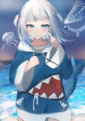  1girl absurdres animal_costume animal_hood blue_eyes blue_hair blue_hoodie blunt_bangs blush collarbone commentary cowboy_shot crying drawstring fins fish_tail flowle_ow0 gawr_gura gawr_gura_(1st_costume) grey_hair hair_ornament highres hololive hololive_english hood hood_down hoodie jellyfish long_sleeves looking_at_viewer medium_hair multicolored_hair ocean shark_costume shark_girl shark_hair_ornament shark_hood shark_print shark_tail sky smile solo standing streaked_hair tail tears two_side_up water wide_sleeves 