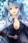  blue_hair breasts collarbone dandel22 jacket long_hair lowres luthica_preventer midriff navel open_mouth red_eyes smile sword_girls twintails 