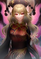  1girl absurdres belt black_dress black_hat black_sky blonde_hair breasts brown_belt chinese_clothes commentary_request crescent crescent_print dalachi_(headdress) dress energy full_moon hair_between_eyes hand_up hat highres junko_(touhou) long_hair long_sleeves looking_at_viewer mandarin_collar medium_breasts moon neck_ribbon night ocean outdoors phoenix_print pom_pom_(clothes) red_eyes red_tabard ribbon signature sky smile solo standing sumishiro_8070 tabard tassel teeth touhou wavy_hair wide_sleeves yellow_ribbon 