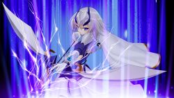  1girl aiming aiming_at_viewer arch_zion armor armored_dress arrow_(projectile) black_bow blue_background blue_eyes bow bow_(weapon) braid breastplate cape closed_mouth drawing_bow dress electricity faulds forehead_protector game_asset gauntlets gloves gold_trim grey_hair hair_bow headgear holding holding_arrow holding_bow_(weapon) holding_weapon jambread looking_at_viewer magical_girl non-web_source official_art pauldrons self-datamine serious shinsou_kenki_arch_saver shoulder_armor skirt solo variant_set visual_novel_cg weapon white_cape white_gloves white_hair yuno_plaftskaya 