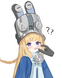  1girl 1other ? ?? blonde_hair blue_jacket blush commentary_request grey_hat grey_helmet hand_on_another's_cheek hand_on_another's_face hat helmet jacket korean_commentary large_hat long_hair norma_hollowell open_mouth shako_cap simple_background upper_body violet_eyes white_background zenless_zone_zero zoadragon33 