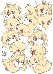  ! 1girl absurdres ahoge animalization arcueid_brunestud baby_animal bird bird_legs bird_tail bird_wings blonde_hair chibi commentary duck duckling english_commentary highres jonyeld red_eyes short_hair simple_background sleeping surprised tail tsukihime tsukihime_(remake) white_background wings 
