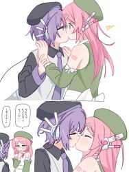  2girls 522_2536 beret black_hat closed_eyes detached_sleeves green_eyes green_hat hand_on_another's_shoulder hat highres holding_another's_wrist kiss long_hair long_sleeves momone_momo multiple_girls multiple_views necktie pink_hair purple_hair purple_necktie short_hair speech_bubble upper_body utane_uta utau violet_eyes yuri 