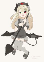  1girl absurdres apron bandaged_horn black_apron black_slippers brown_hair demon_tail demon_wings dress fang furrowed_brow grey_dress grey_thighhighs hat highres holding holding_polearm holding_weapon horns kaizuka_(mintfield) knees_together_feet_apart long_hair looking_at_viewer natori_sana natori_sana_(devil_natori) nurse_cap open_mouth polearm puffy_short_sleeves puffy_sleeves red_eyes sana_channel short_sleeves skin_fang slippers solo tail thigh-highs translation_request two_side_up v-shaped_eyebrows virtual_youtuber weapon wings 