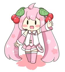  1girl :d ahoge arm_up blush_stickers cherry_hair_ornament chibi chibi_only commentary_request detached_sleeves double-parted_bangs food-themed_hair_ornament full_body hair_ornament hatsune_miku highres leaf_hair_ornament long_hair necktie nukotun open_mouth pink_hair pink_necktie pink_sleeves sakura_miku simple_background smile solo standing twintails very_long_hair vocaloid white_background |_| 
