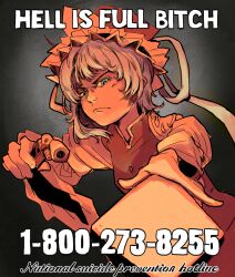   1girl blue_eyes closed_mouth commentary english_commentary english_text epaulettes frilled_hat frills frown gun handgun hat highres holding holding_gun holding_weapon long_sleeves looking_at_viewer medium_hair molly_yancey monochrome red_theme rod_of_remorse shiki_eiki shirt solo touhou vest weapon wide_sleeves