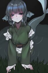  blue_eyes blue_hair blunt_bangs commentary_request fins fish_tail frilled_kimono frills grass green_kimono green_sash half-closed_eyes head_fins highres japanese_clothes kimono looking_at_viewer medium_hair merfolk mermaid monster_girl neon_(co2co8) partially_submerged sash straight-on tail touhou wakasagihime water 