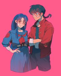  1boy 1girl bandaid bandaid_on_cheek bandaid_on_face bandaid_on_nose black_hair blue_eyes blue_hair blue_skirt blush braid brown_eyes chinese_clothes closed_mouth crossed_arms english_commentary frown hand_on_own_hip highres le_shiiro long_hair pink_background ranma_1/2 saotome_ranma saotome_ranma_(male) school_uniform serafuku single_braid skirt tangzhuang tendou_akane 