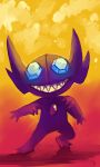  blue_eyes commentary ghost gradient gradient_background grin highres no_humans pink_background pokemon pokemon_(creature) purplekecleon sableye shadow signature smile solo standing teeth yellow_background 