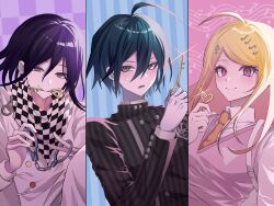  1girl 2boys ahoge akamatsu_kaede black_hair blonde_hair blush breasts brown_eyes buttons checkered_background checkered_clothes checkered_scarf collared_jacket collared_shirt commentary_request crest cuffs danganronpa_(series) danganronpa_v3:_killing_harmony double-breasted eyelashes flipped_hair hair_between_eyes hair_ornament handcuffs highres holding holding_key jacket key key_in_mouth large_breasts long_hair long_sleeves looking_at_viewer medium_hair multicolored_buttons multiple_boys musical_note musical_note_background musical_note_hair_ornament narrowed_eyes necktie oma_kokichi pink_eyes pink_sweater_vest pink_vest pinstripe_jacket pinstripe_pattern purple_hair red_necktie saihara_shuichi scarf school_uniform seductive_smile shirt short_hair shy smile sparkle striped_background striped_clothes striped_jacket sweatdrop sweater_vest two-tone_scarf upper_body vest violet_eyes white_shirt yamanakashigemi 