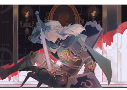 1boy absurdres ancient_set_(zelda) armor arsha blue_eyes breastplate candelabra candlestand chair commentary_request earrings highres holding holding_sword holding_weapon hylian_shield jewelry link long_hair male_focus master_sword midriff parted_lips pointy_ears portrait_(object) sheikah_slate shield sitting solo sword the_legend_of_zelda the_legend_of_zelda:_breath_of_the_wild weapon white_hair 