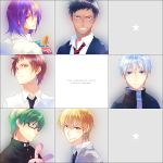  akashi_seijuurou aomine_daiki blonde_hair blue_eyes blue_hair dark_skin earrings food glasses green_eyes green_hair grin heterochromia hiramatsu_(rama) jewelry kise_ryouta kuroko_no_basuke kuroko_tetsuya male midorima_shintarou multiple_boys murasakibara_atsushi necktie purple_eyes purple_hair red_eyes red_hair redhead school_uniform short_hair smile star stuffed_animal stuffed_toy violet_eyes yellow_eyes 