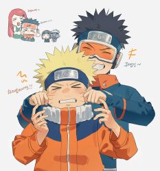  >_< 2girls 3boys absurdres black_hair blonde_hair blue_headband blush_stickers brown_hair cheek_pull chibi chibi_inset clenched_teeth closed_eyes commentary_request facial_mark forehead_protector goggles grey_hair grin hair_ornament hairclip hatake_kakashi headband highres jacket jungeoljungeol konohagakure_symbol korean_commentary korean_text mask mouth_mask multiple_boys multiple_girls naruto_(classic) naruto_(series) naruto_shippuuden nohara_rin orange-tinted_eyewear orange_jacket red_hair smile teeth time_paradox tinted_eyewear translation_request uchiha_obito uzumaki_kushina whisker_markings 