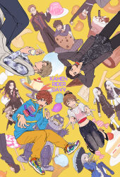 4girls 6+boys :d absurdres amane_sachika arm_behind_back arms_behind_head azkn black_capelet black_coat black_eyeshadow black_hair black_jacket black_pants black_shirt black_shorts black_skirt black_vest blue_boots blue_dress blue_jacket blunt_bangs blunt_ends boots brown_hair buttons cake cake_slice candy capelet cherry chips_(food) chocolate chocolate_bar chocolate_chip_cookie coat commentary cookie crossed_arms cup dark_shouma_(kamen_rider) denim dente_stomach detached_sleeves double-breasted double_gyaru_v doughnut dress drill_hair drinking_straw elbow_gloves everyone eyeshadow fishnet_gloves fishnet_thighhighs fishnets food food_in_mouth frappuccino frilled_capelet frilled_dress frilled_sleeves frilled_socks frills fruit full_body gelatin glasses gloves gochizo grey_coat grey_hair grotta gyaru_v hair_bun highres holding holding_candy holding_food holding_hands holding_spoon holding_umbrella hood hood_down hooded_jacket ice_cream_cone indian_style inoue_shouma jacket jeans jiip_stomach kamen_rider kamen_rider_gavv_(series) karakida_hanto knee_boots kneehighs knees_together_feet_apart knees_up lakia_amarga lango_stomach layered_skirt liselle_jaldak lolita_fashion lollipop long_hair long_sleeves looking_at_viewer makeup marshmallow melon melon_slice mouth_hold multicolored_hair multiple_boys multiple_girls nail_polish nyelv_stomach open_clothes open_jacket open_mouth orange_pants outline oversized_food oversized_object pants parasol parted_bangs petticoat pink_eyes pink_hair plaid_clothes plaid_pants pleated_skirt poppingummy potato_chips pudding purple_pants purple_shirt reaching reaching_towards_viewer red_nails semi-rimless_eyewear shirt shoes short_hair shorts siblings sidelocks siita_stomach sitting skirt smile sneakers socks spoon strawberry suga_kenzo swirl_lollipop thigh-highs trap twins two-tone_hair umbrella under-rim_eyewear upside-down v vest violet_eyes walking wavy_hair whipped_cream white_outline white_socks white_vest wide_sleeves yellow_background 