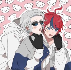  2boys ahoge aotsuki_eito black_streaks blue_eyes blue_jacket closed_eyes commentary_request diamond_mouth dog dorodorodo412 embarrassed gloves grey_hair grey_jacket hood hoodie hug jacket jacket_over_hoodie looking_ahead male_focus multicolored_hair multicolored_jacket multiple_boys open_clothes open_jacket outline pink_background red_hair short_hair streaked_hair sumino_takumi sunglasses sweatdrop the_hundred_line_-last_defense_academy- two-tone_hair two-tone_jacket white_hoodie white_outline 