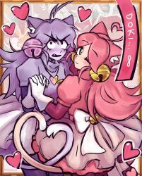  2girls :d ahoge animal_ear_fluff animal_ears averting_eyes bell black_eyes blush_stickers boots breasts cat_ears cat_girl cat_tail colored_skin commentary deltarune dress dual_persona english_commentary fang fang_out frilled_skirt frills ghost_pink_(deltarune) gloves gold_bell green_eyes hair_bell hair_ornament hands_up heart heart_ahoge heart_locket heart_tail_duo highres holding_hands jewelry layered_skirt layered_sleeves leg_up locket long_hair long_sleeves looking_at_viewer looking_back mad_mew_mew magical_girl multiple_girls one_eye_closed open_mouth pantyhose pendant picture_frame pink_dress pink_frills pink_hair pink_pantyhose puffy_short_sleeves puffy_sleeves purple_dress purple_hair purple_pantyhose purple_skin purple_skirt revenyance short_over_long_sleeves short_sleeves skirt smile standing standing_on_one_leg swept_bangs tail tutu utdr_(toby_fox) v-shaped_eyebrows white_boots white_gloves white_skirt 