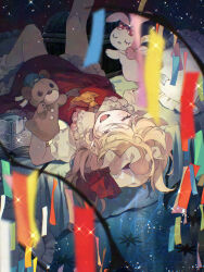  1girl alternate_wings ascot bed blonde_hair blurry book closed_eyes collared_shirt commentary_request depth_of_field flandre_scarlet frilled_shirt_collar frills hand_puppet hat hat_ribbon lying mob_cap on_back on_bed open_book pillow puppet red_eyes red_skirt red_vest ribbon shirt signature skirt skirt_set solo tanabata tanzaku touhou toutenkou vest white_shirt wings yellow_ascot 