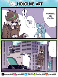  1girl absurdres cecilia_immergreen coat commentary doll_joints english_commentary green_hair grey_hair hat highres hololive hololive_english joints mask mouth_mask multicolored_hair streaked_hair sunglasses trench_coat virtual_youtuber winding_key zetsuental 