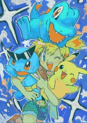  1girl blue_eyes blue_shorts blush commentary_request high_side_ponytail highres holding holding_pokemon looking_at_viewer midriff misty_(pokemon) navel on_head one_eye_closed open_mouth orange_hair pikachu pokemon pokemon_(anime) pokemon_(classic_anime) pokemon_(creature) pokemon_on_head sharp_teeth shorts side_ponytail smile sparkle squirtle star_(symbol) sunglasses sweatdrop tail teeth totodile umebosibakari2 upper_teeth_only v water 