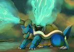  all_fours blastoise blue_skin commentary fangs grass highres huge_filesize looking_at_viewer no_humans pokemon pokemon_(creature) purplekecleon scowl shell signature solo tortoise turtle water 