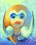  commentary creature gradient gradient_background green_background highres looking_at_viewer mamoswine no_humans nostrils pokemon pokemon_(creature) purplekecleon serious signature snow snowing solo tusks walking yellow_eyes 
