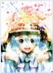  birthday cameo green_eyes green_hair hands_on_hat happy_birthday hat hatsune_miku headset highres kagamine_len kagamine_len_(cameo) kagamine_rin kagamine_rin_(cameo) kei_(artist) necktie official_art scan twintails vocaloid 