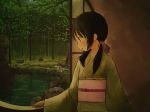  black_eyes black_hair bow dark flat_chest hair_bow japanese_clothes kimono long_sleeves obi original parted_lips pond profile round_window solo tebanawo tree twintails water wide_sleeves window 