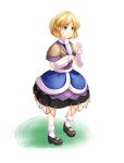  1girl arm_warmers blonde_hair bobby_socks furim green_eyes leg_up looking_away mary_janes mizuhashi_parsee pointy_ears sash scarf shoes short_hair simple_background skirt socks solo touhou vest white_background 