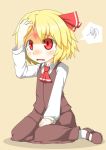  ascot blonde_hair blush bruise hair_ribbon hand_on_head hecchi_(blanch) injury open_mouth red_eyes ribbon rumia shirt short_hair sitting skirt solo speech_bubble spoken_squiggle squiggle tears touhou vest wariza youkai 