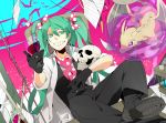  al_(arupaka) boots dragon gloves grin hatsune_miku long_hair sitting skull smile solo twintails very_long_hair vocaloid 