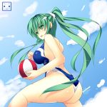  ass ball beachball blue_sky blue_swimsuit blush breasts cloud competition_swimsuit frog_hair_ornament from_below green_eyes green_hair hair_ornament highres kochiya_sanae large_breasts long_hair looking_back ngirln4 one-piece_swimsuit open_mouth ponytail sky snake solo swimsuit touhou 