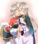  akeyama breast_press breasts cleavage closed_eyes eyes_closed interlocked_fingers ling_hua long_hair multiple_girls pantyhose rune_factory rune_factory_4 silver_hair smile tail xiao_pai 