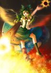  arm_cannon awa_toka bad_id bow cape green_hair hair_bow long_hair open_mouth red_eyes reiuji_utsuho shoes skirt smile socks solo sum touhou weapon wings 