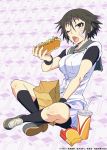  1girl bag black_legwear breasts cup eating food hiro_(medaka_box) hot_dog kneehighs large_breasts medaka_box official_art open_mouth paper_bag school_uniform shoes short_hair skirt solo straw wink yatsushiro 