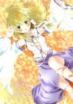 autumn autumn_leaves blonde_hair blush breasts center_opening detached_sleeves frog_hair_ornament from_above hair_ornament hair_tubes highres kochiya_sanae looking_at_viewer lying midriff neck_ribbon nogi_takayoshi on_back on_ground open_mouth ribbon skirt smile snake solo touhou wide_sleeves yellow_eyes 