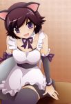  animal_ears apron black_legwear bow breasts brown_hair cat_ears choker detached_sleeves frilled_apron frills hairband headband highres kami_nomi_zo_shiru_sekai nekomimi purple_eyes ribbon short_hair smile solo takahara_ayumi thigh-highs thighhighs tray violet_eyes von-cx waitress zettai_ryouiki 