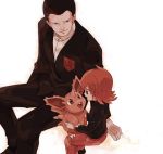  2boys age_difference father_and_son formal long_hair monochrome multiple_boys nidoran no_eyebrows pokemon pokemon_(creature) pokemon_(game) pokemon_hgss red red_hair redhead sakaki_(pokemon) short_hair silver_(pokemon) simple_background sitting smile suit team_rocket usao_(313131) young 
