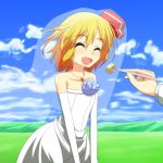  bare_shoulders blonde_hair blue_rose blue_sky blush cato_(monocatienus) closed_eyes cloud clouds dress elbow_gloves eyes_closed fang feeding flower fork gloves jewelry monocatienus necklace open_mouth pendant rose rumia short_hair sky smile solo touhou veil wedding_dress white_dress white_gloves youkai 