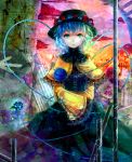  adapted_costume alternate_costume blue_hair blue_rose butterfly capelet dress flower green_eyes green_hair hands_in_sleeves hat hat_flower komeiji_koishi multicolored_hair open_mouth rose short_hair silentdin solo third_eye touhou wide_sleeves 